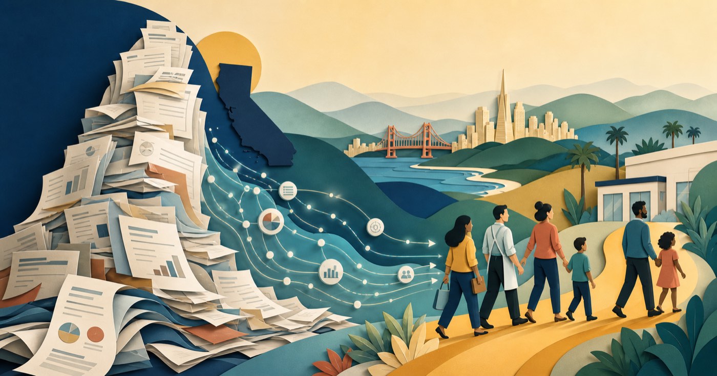 Editorial illustration of California healthcare paperwork becoming a more sustainable path through automation and smarter benefit design